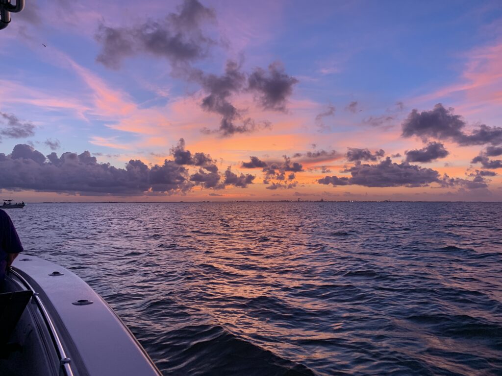 View from port side of a Galveston sunset cruise.