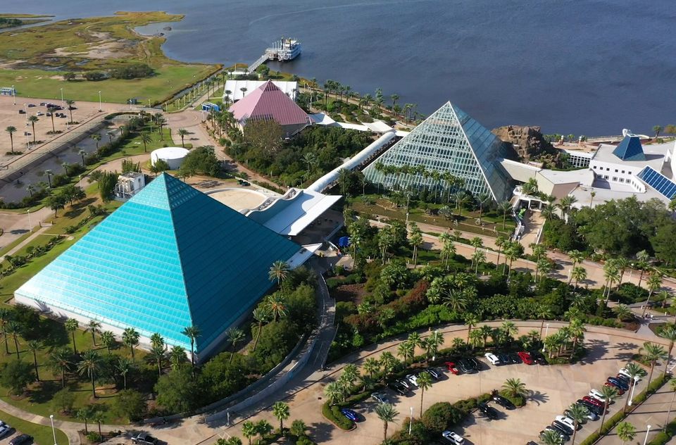 The Galveston Moody Gardens pyramids from above.