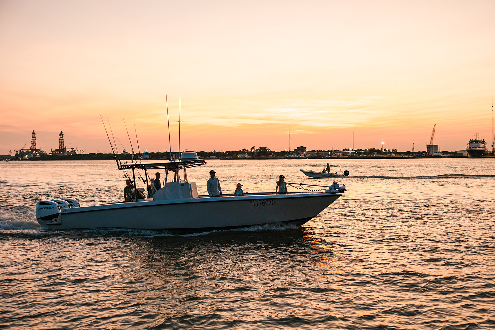 A silhouette of a Galveston Fishing Boat on a slow, sunset cruise.