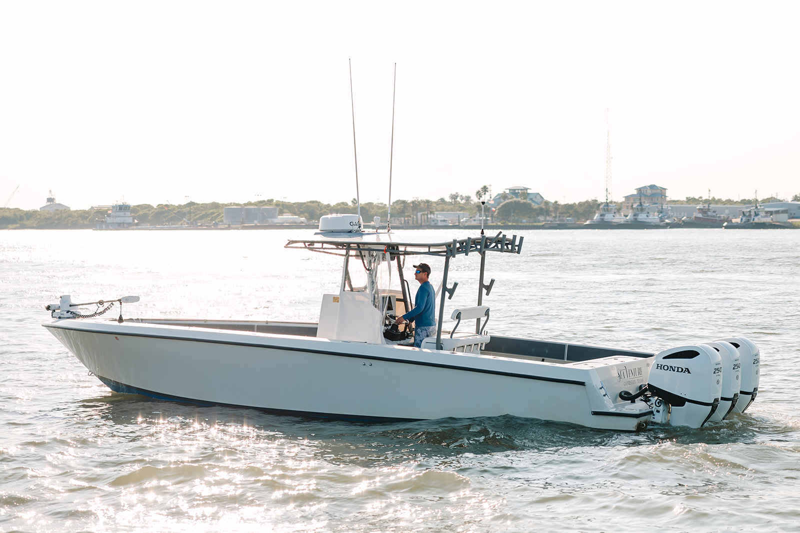 Captain Shane Cantrell aboard his Galveston Fishing Boat.